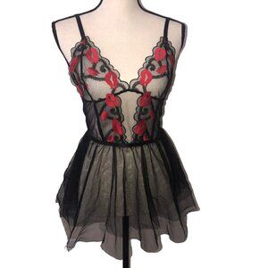 Babydoll Cami Med Black Red Embroidered Goth Fairy Slip Sexy Lips Lingerie Y2K